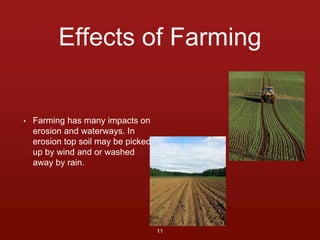 Effects of Farming 
• Farming has many impacts on 
erosion and waterways. In 
erosion top soil may be picked 
up by wind and or washed 
away by rain. 
11 
 