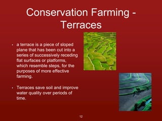 Conservation Farming - 
Terraces 
• a terrace is a piece of sloped 
plane that has been cut into a 
series of successively receding 
flat surfaces or platforms, 
which resemble steps, for the 
purposes of more effective 
farming. 
• Terraces save soil and improve 
water quality over periods of 
time. 
12 
 