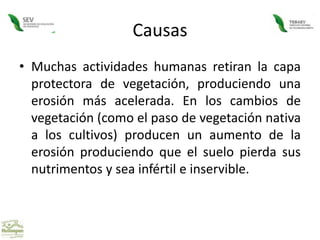 CausasMuchas actividades humanas retiran la capa protectora de vegetación, produciendo una erosión más acelerada. En los cambios de vegetación (como el paso de vegetación nativa a los cultivos) producen un aumento de la erosión produciendo que el suelo pierda sus nutrimentos y sea infértil e inservible. 
