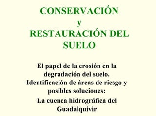 CONSERVACIÓN
y
RESTAURACIÓN DEL
SUELO
El papel de la erosión en la
degradación del suelo.
Identificación de áreas de riesgo y
posibles soluciones:
La cuenca hidrográfica del
Guadalquivir
 