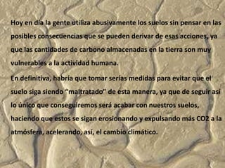Hoy en día la gente utiliza abusivamente los suelos sin pensar en las
posibles consecuencias que se pueden derivar de esas acciones, ya
que las cantidades de carbono almacenadas en la tierra son muy
vulnerables a la actividad humana.

En definitiva, habría que tomar serías medidas para evitar que el
suelo siga siendo “maltratado” de esta manera, ya que de seguir así
lo único que conseguiremos será acabar con nuestros suelos,
haciendo que estos se sigan erosionando y expulsando más CO2 a la
atmósfera, acelerando, así, el cambio climático.
 