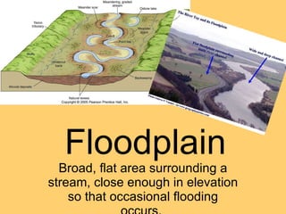 Floodplain Broad, flat area surrounding a stream, close enough in elevation so that occasional flooding occurs.  