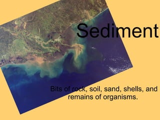 Sediment Bits of rock, soil, sand, shells, and remains of organisms.  