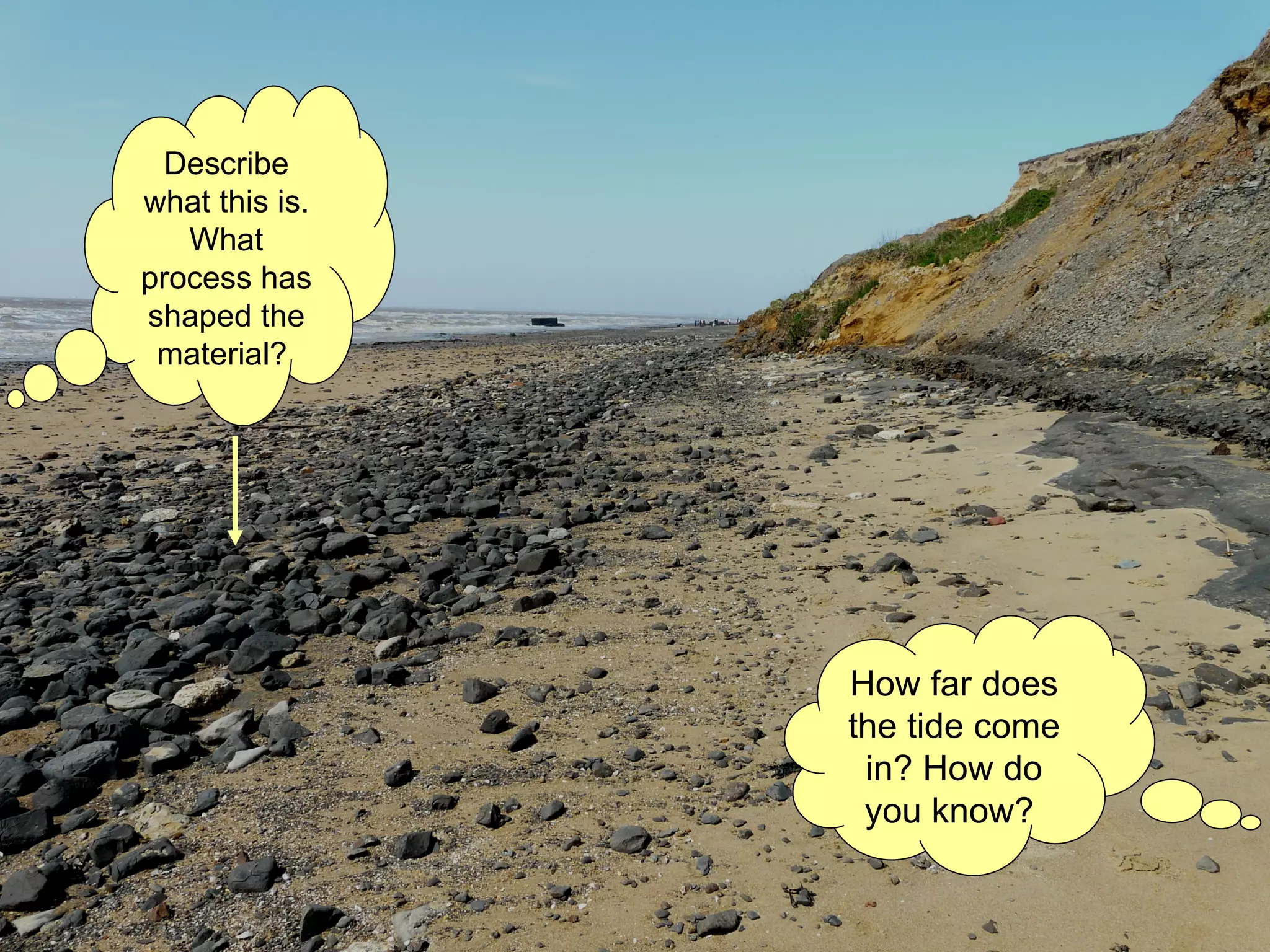How far does the tide come in? How do you know?  Describe what this is. What process has shaped the material?  