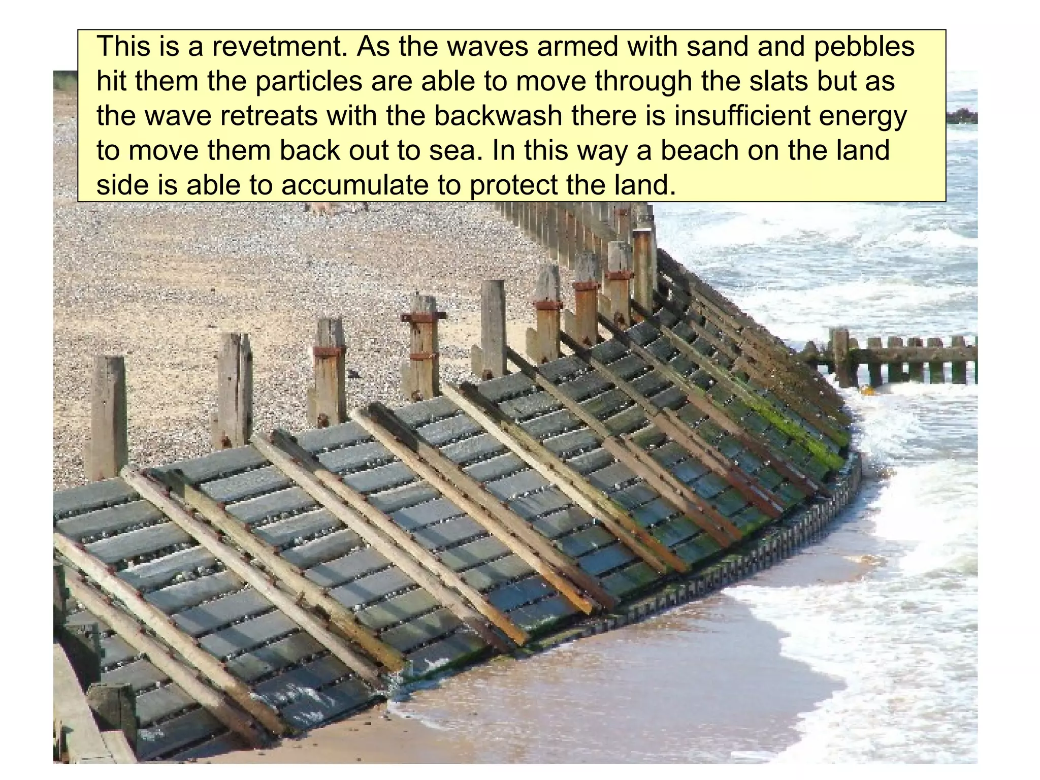 This is a revetment. As the waves armed with sand and pebbles hit them the particles are able to move through the slats but as the wave retreats with the backwash there is insufficient energy to move them back out to sea. In this way a beach on the land side is able to accumulate to protect the land.  