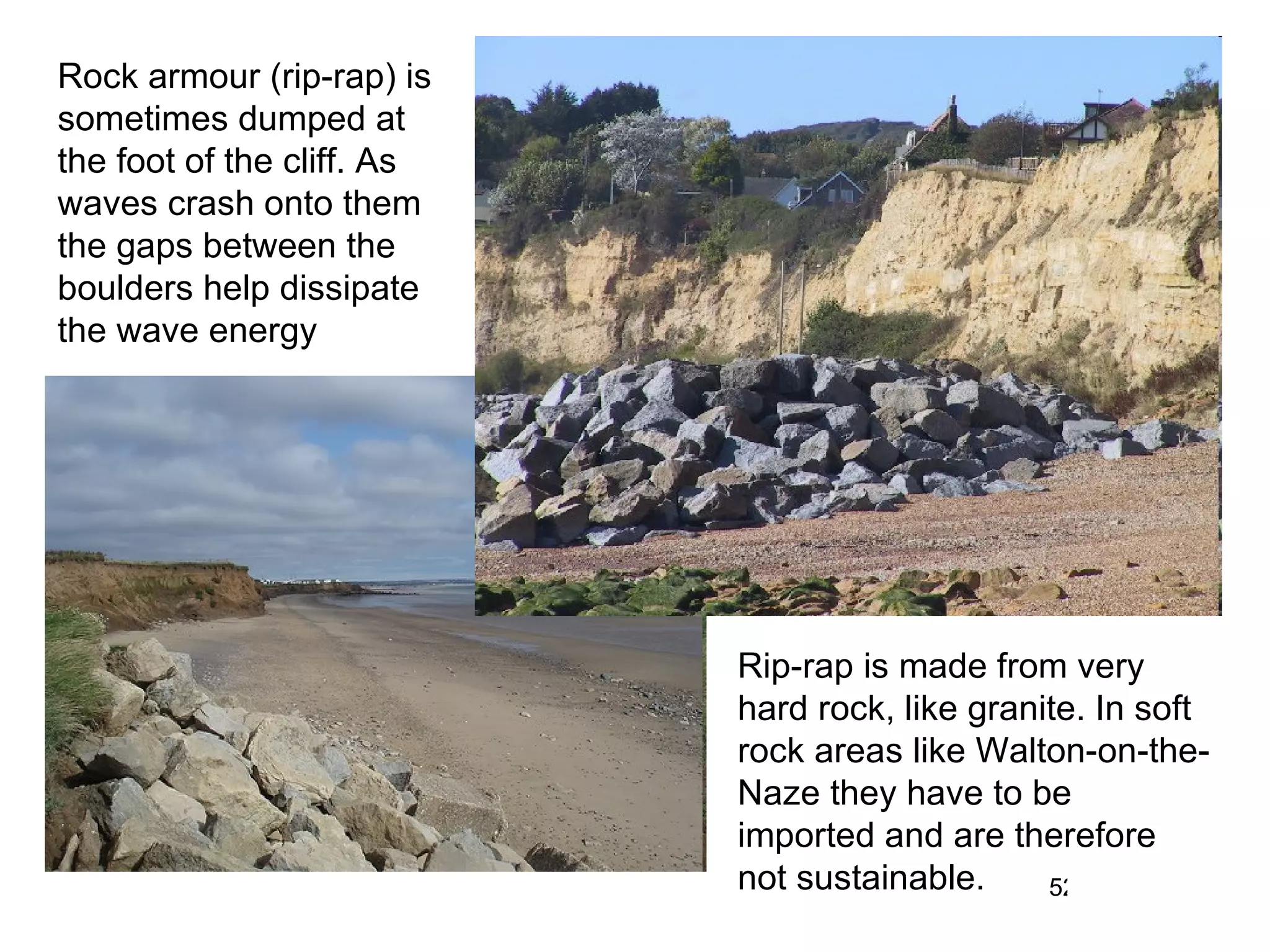 Rock armour (rip-rap) is sometimes dumped at the foot of the cliff. As waves crash onto them the gaps between the boulders help dissipate the wave energy Rip-rap is made from very hard rock, like granite. In soft rock areas like Walton-on-the-Naze they have to be imported and are therefore not sustainable. 