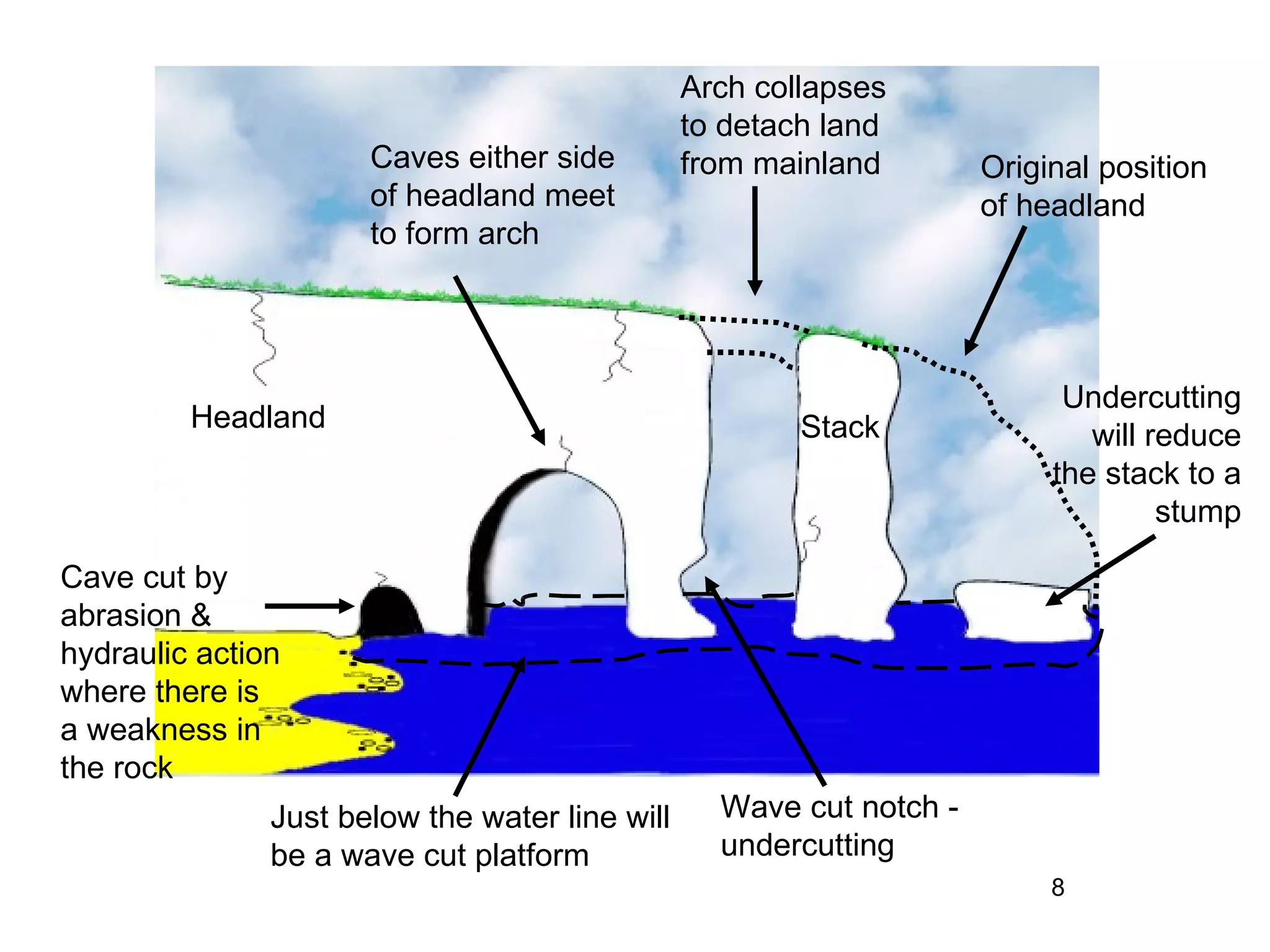 Cave cut by abrasion & hydraulic action where there is a weakness in the rock Caves either side of headland meet to form arch Arch collapses to detach land from mainland Wave cut notch - undercutting Stack Undercutting will reduce the stack to a stump Headland Just below the water line will be a wave cut platform Original position of headland 