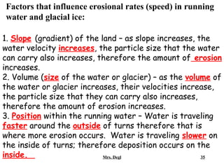 Factors that influence erosional rates (speed) in running
water and glacial ice:

1. Slope (gradient) of the land – as slope increases, the
water velocity increases, the particle size that the water
can carry also increases, therefore the amount of erosion
increases.
2. Volume (size of the water or glacier) – as the volume of
the water or glacier increases, their velocities increase,
the particle size that they can carry also increases,
therefore the amount of erosion increases.
3. Position within the running water – Water is traveling
faster around the outside of turns therefore that is
where more erosion occurs. Water is traveling slower on
the inside of turns; therefore deposition occurs on the
inside.                     Mrs. Degl                  35
 