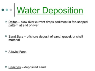 Water Deposition
   Deltas – slow river current drops sediment in fan-shaped
    pattern at end of river


   Sand Bars – offshore deposit of sand, gravel, or shell
    material


   Alluvial Fans



   Beaches – deposited sand
 