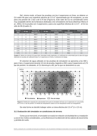 Diseño y evaluación de un simulador de lluvia para la estimación in situ de parámetros hidrológicos involucrados en los procesos de erosión hídrica.
107
	 Del mismo modo, al hacer las pruebas con los 4 aspersores en línea, se obtiene un
CU sobre 90 para una superficie efectiva de 2,5 m2
representada por 40 receptores, ya sea
para una presión de 1 bar o de 0,75 bar (Figura 6). Este valor de CU es considerado como
muy aceptable dentro de la literatura dedicada a los simuladores de lluvia (Martínez-Mena et
al., 2001). En la prueba con 3 aspersores y para una superficie efectiva de 1,5 m2
, el CU es
sólo de 86 (Cuadro 2).
Presión
(bar)
Nº asp
Volumen de
agua total ( l )
Nº obs
Intensidad media
(mm/h)
CU
Christiansen
Área Efectiva
m2
1 4 306,9 40 128,2 90,8 2,5
1 4 294,7 40 122,6 91,1 2,5
1 4 314,1 40 117,3 89,1 2,5
1 4 313,4 40 129,1 90,6 2,5
1 3 250,5 28 119,3 85,9 1,5
0,75 4 249,1 40 103,5 90,9 2,5
0,75 4 249,4 40 103,2 90,9 2,5
0,75 3 203,9 28 102,4 79,6 1,5
0,75 3 202,6 28 102,9 80,6 1,5
Cuadro 2. Valores de volumen de agua total, intensidad media registrada y el coeficiente de uniformidad para la altura de agua
obtenidos en pruebas de calibración para 3 y 4 aspersores en línea y 2 presiones de trabajo.
	 El volumen de agua utilizado en las pruebas de simulación se aproxima a los 300 L
para 1 bar y 4 aspersores durante 10 min de prueba, bajando a 200 L para 3 aspersores a 0,75
bar de presión; no obstante, el CU disminuye a 80, por lo que se desestimó su uso.
Figura 6. Distribución espacial de la pluviosidad (mm) para el simulador de lluvia con 4 aspersores en una prueba
de 10 min a 1 bar de presión. El método de interpolación usado es el de interpolación lineal con triangulación.
	 De esta forma se decidió trabajar sobre un área efectiva de 2,5 m2
(1 x 2,5 m).
3.2. Evaluación del simulador en condiciones de terreno
	 Como ya se mencionó, el simulador se evaluó en relación a la facilidad de su instalación
y uso en los 3 sitios considerados, y a la eficiencia en la obtención de los valores de escorrentía
y pérdida de suelo.
 