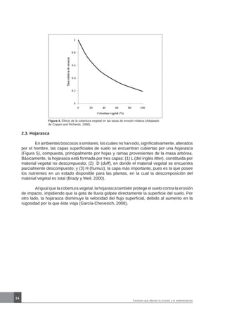 14
Figura 4. Efecto de la cobertura vegetal en las tasas de erosión relativa (Adoptado
de Coppin and Richards, 1990).
2.3. Hojarasca
	 En ambientes boscosos o similares, los cuales no han sido, significativamente, alterados
por el hombre, las capas superficiales de suelo se encuentran cubiertas por una hojarasca
(Figura 5), compuesta, principalmente por hojas y ramas provenientes de la masa arbórea.
Básicamente, la hojarasca está formada por tres capas: (1) L (del inglés litter), constituida por
material vegetal no descompuesto; (2) D (duff), en donde el material vegetal se encuentra
parcialmente descompuesto; y (3) H (humus), la capa más importante, pues es la que posee
los nutrientes en un estado disponible para las plantas, en la cual la descomposición del
material vegetal es total (Brady y Weil, 2000).
	 Al igual que la cobertura vegetal, la hojarasca también protege el suelo contra la erosión
de impacto, impidiendo que la gota de lluvia golpee directamente la superficie del suelo. Por
otro lado, la hojarasca disminuye la velocidad del flujo superficial, debido al aumento en la
rugosidad por la que éste viaja (García-Chevesich, 2008).
Factores que afectan la erosión y la sedimentación
 