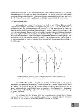 17
depositación, a lo largo de una pendiente dada. En dicha Figura, la pendiente #3 se presenta
muy inclinada en su sección alta, por lo que se espera mucha erosión (debido al aumento de la
velocidad del flujo superficial). Sin embargo, en su parte baja es casi plana, lo que disminuirá
la velocidad de la escorrentía superficial, tomando lugar la depositación de sedimentos.
2.6. Velocidad del flujo
	 La velocidad del caudal influye fuertemente en la erosión hídrica. Se sabe que la
velocidad mínima para desprender y transportar una partícula de suelo está en función del
diámetro de ésta. Sin embargo, una vez que la partícula ha sido desprendida, se necesitará
menos energía para que ésta siga en movimiento. Así, Hjulstrom (1935) determinó la velocidad
mínima requerida para el desprendimiento (erosión), transporte y depositación de partículas
de suelo, según su diámetro, relación que se ilustra en la Figura 7. Nótese que se necesitan
mayores velocidades para el desprendimiento de una partícula dada. Sin embargo, ésta será
transportada en forma de suspensión, sólo si la velocidad del caudal es alta o, en su defecto,
si la partícula posee un diámetro reducido. De lo contrario, dicha partícula será depositada en
un corto lapso.
Figura 6. Variaciones en las tasas de erosión (E) y depositación (D), según cambios topográficos a lo
largo de una pendiente (Adoptado de Terrence et al., 2002).
	 La velocidad del caudal, en conjunto con las otras variables vistas en este capítulo,
explican la distribución de sedimentos a lo largo de los cursos de agua, según donde uno se
encuentre. Por lo general, los ríos de montaña están compuestos por grandes bloques de
piedra redondeada (por la acción del impacto generado entre éstos) y aguas muy claras, pues
la velocidad del caudal es tal que todas las partículas finas ya han sido transportadas río abajo
(Figura 8, izquierda).
	 Por otro lado, los ríos de valle y los que desembocan en el mar poseen fondos
compuestos por sedimentos finos, que se han ido depositando debido a la reducida inclinación
del terreno, la cual disminuye la velocidad del caudal (Figura 8, derecha).
Factores que afectan la erosión y la sedimentación
 