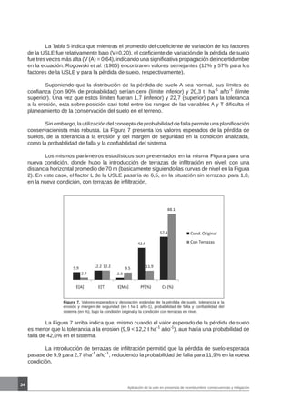 34
	 La Tabla 5 indica que mientras el promedio del coeficiente de variación de los factores
de la USLE fue relativamente bajo (V=0,20), el coeficiente de variación de la pérdida de suelo
fue tres veces más alta (V (A) = 0,64), indicando una significativa propagación de incertidumbre
en la ecuación. Rogowski et al. (1985) encontraron valores semejantes (12% y 57% para los
factores de la USLE y para la pérdida de suelo, respectivamente).
	 Suponiendo que la distribución de la pérdida de suelo A sea normal, sus límites de
confianza (con 90% de probabilidad) serían cero (límite inferior) y 20,3 t ha-1
año-1
(límite
superior). Una vez que estos límites fueran 1,7 (inferior) y 22,7 (superior) para la tolerancia
a la erosión, esta sobre posición casi total entre los rangos de las variables A y T dificulta el
planeamiento de la conservación del suelo en el terreno.
	 Sinembargo,lautilizacióndelconceptodeprobabilidaddefallapermiteunaplanificación
conservacionista más robusta. La Figura 7 presenta los valores esperados de la pérdida de
suelos, de la tolerancia a la erosión y del margen de seguridad en la condición analizada,
como la probabilidad de falla y la confiabilidad del sistema.
	 Los mismos parámetros estadísticos son presentados en la misma Figura para una
nueva condición, donde hubo la introducción de terrazas de infiltración en nivel, con una
distancia horizontal promedio de 70 m (básicamente siguiendo las curvas de nivel en la Figura
2). En este caso, el factor L de la USLE pasaría de 6,5, en la situación sin terrazas, para 1,8,
en la nueva condición, con terrazas de infiltración.
Figura 7. Valores esperados y desviación estándar de la pérdida de suelo, tolerancia a la
erosión y margen de seguridad (en t ha-1 año-1), probabilidad de falla y confiabilidad del
sistema (en %), bajo la condición original y la condición con terrazas en nivel.
	 La Figura 7 arriba indica que, mismo cuando el valor esperado de la pérdida de suelo
es menor que la tolerancia a la erosión (9,9 < 12,2 t ha-1
año-1
), aun haría una probabilidad de
falla de 42,6% en el sistema.
	 La introducción de terrazas de infiltración permitió que la pérdida de suelo esperada
pasase de 9,9 para 2,7 t ha-1
año-1
, reduciendo la probabilidad de falla para 11,9% en la nueva
condición.
Aplicación de la usle en presencia de incertidumbre: consecuencias y mitigación
 