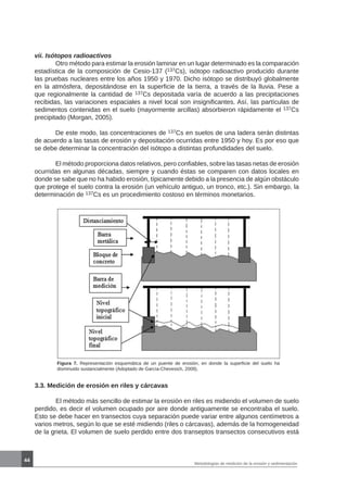 44
Metodologías de medición de la erosión y sedimentación
vii. Isótopos radioactivos
	 Otro método para estimar la erosión laminar en un lugar determinado es la comparación
estadística de la composición de Cesio-137 (137Cs), isótopo radioactivo producido durante
las pruebas nucleares entre los años 1950 y 1970. Dicho isótopo se distribuyó globalmente
en la atmósfera, depositándose en la superficie de la tierra, a través de la lluvia. Pese a
que regionalmente la cantidad de 137Cs depositada varía de acuerdo a las precipitaciones
recibidas, las variaciones espaciales a nivel local son insignificantes. Así, las partículas de
sedimentos contenidas en el suelo (mayormente arcillas) absorbieron rápidamente el 137Cs
precipitado (Morgan, 2005).
	 De este modo, las concentraciones de 137Cs en suelos de una ladera serán distintas
de acuerdo a las tasas de erosión y depositación ocurridas entre 1950 y hoy. Es por eso que
se debe determinar la concentración del isótopo a distintas profundidades del suelo.
	 El método proporciona datos relativos, pero confiables, sobre las tasas netas de erosión
ocurridas en algunas décadas, siempre y cuando éstas se comparen con datos locales en
donde se sabe que no ha habido erosión, típicamente debido a la presencia de algún obstáculo
que protege el suelo contra la erosión (un vehículo antiguo, un tronco, etc.). Sin embargo, la
determinación de 137Cs es un procedimiento costoso en términos monetarios.
Figura 7. Representación esquemática de un puente de erosión, en donde la superficie del suelo ha
disminuido sustancialmente (Adoptado de García-Chevesich, 2008).
3.3. Medición de erosión en riles y cárcavas
	 El método más sencillo de estimar la erosión en riles es midiendo el volumen de suelo
perdido, es decir el volumen ocupado por aire donde antiguamente se encontraba el suelo.
Esto se debe hacer en transectos cuya separación puede variar entre algunos centímetros a
varios metros, según lo que se esté midiendo (riles o cárcavas), además de la homogeneidad
de la grieta. El volumen de suelo perdido entre dos transeptos transectos consecutivos está
 