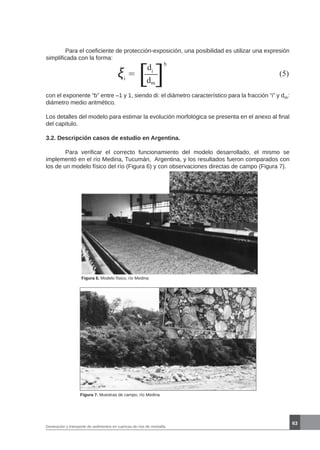 63
Generación y transporte de sedimentos en cuencas de ríos de montaña
	 Para el coeficiente de protección-exposición, una posibilidad es utilizar una expresión
simplificada con la forma:
ξi
= [di
dm
]
b
(5)
con el exponente “b” entre –1 y 1, siendo di: el diámetro característico para la fracción “i” y dm:
diámetro medio aritmético.
Los detalles del modelo para estimar la evolución morfológica se presenta en el anexo al final
del capítulo.
3.2. Descripción casos de estudio en Argentina.
	 Para verificar el correcto funcionamiento del modelo desarrollado, el mismo se
implementó en el río Medina, Tucumán, Argentina, y los resultados fueron comparados con
los de un modelo físico del río (Figura 6) y con observaciones directas de campo (Figura 7).
Figura 6. Modelo físico, río Medina
Figura 7. Muestras de campo, río Medina
 