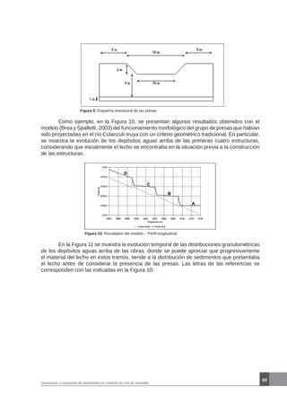 65
Generación y transporte de sedimentos en cuencas de ríos de montaña
Figura 9. Esquema estructural de las presas
	 Como ejemplo, en la Figura 10, se presentan algunos resultados obtenidos con el
modelo (Brea y Spalletti, 2003) del funcionamiento morfológico del grupo de presas que habían
sido proyectadas en el río Colanzulí-Iruya con un criterio geométrico tradicional. En particular,
se muestra la evolución de los depósitos aguas arriba de las primeras cuatro estructuras,
considerando que inicialmente el lecho se encontraba en la situación previa a la construcción
de las estructuras.
Figura 10. Resultados del modelo – Perfil longitudinal
	 En la Figura 11 se muestra la evolución temporal de las distribuciones granulométricas
de los depósitos aguas arriba de las obras, donde se puede apreciar que progresivamente
el material del lecho en estos tramos, tiende a la distribución de sedimentos que presentaba
el lecho antes de considerar la presencia de las presas. Las letras de las referencias se
corresponden con las indicadas en la Figura 10.
 