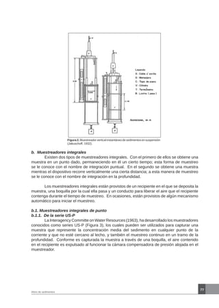 77
Aforo de sedimentos
Figura 2. Muestreador vertical instantáneo de sedimentos en suspensión
(Jakuschoff, 1932).
b. Muestreadores integrales
	 Existen dos tipos de muestreadores integrales. Con el primero de ellos se obtiene una
muestra en un punto dado, permaneciendo en él un cierto tiempo; esta forma de muestreo
se le conoce con el nombre de integración puntual. En el segundo se obtiene una muestra
mientras el dispositivo recorre verticalmente una cierta distancia; a esta manera de muestreo
se le conoce con el nombre de integración en la profundidad.
	 Los muestreadores integrales están provistos de un recipiente en el que se deposita la
muestra, una boquilla por la cual ella pasa y un conducto para liberar el aire que el recipiente
contenga durante el tiempo de muestreo. En ocasiones, están provistos de algún mecanismo
automático para iniciar el muestreo.
b.1. Muestreadores integrales de punto
b.1.1. De la serie US-P
	 La Interagency Committe on Water Resources (1963), ha desarrollado los muestradores
conocidos como series US-P (Figura 3), los cuales pueden ser utilizados para capturar una
muestra que represente la concentración media del sedimento en cualquier punto de la
corriente y que no esté cercano al lecho, y también el muestreo continuo en un tramo de la
profundidad. Conforme es capturada la muestra a través de una boquilla, el aire contenido
en el recipiente es expulsado al funcionar la cámara compensadora de presión alojada en el
muestreador.
 