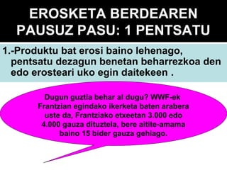 EROSKETA BERDEAREN
PAUSUZ PASU: 1 PENTSATU
1.-Produktu bat erosi baino lehenago,
pentsatu dezagun benetan beharrezkoa den
edo erosteari uko egin daitekeen .
Dugun guztia behar al dugu? WWF-ek
Frantzian egindako ikerketa baten arabera
uste da, Frantziako etxeetan 3.000 edo
4.000 gauza dituztela, bere aitite-amama
baino 15 bider gauza gehiago.

 