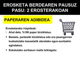EROSKETA BERDEAREN PAUSUZ
PASU: 2 EROSTERAKOAN
PAPERAREN ADIBIDEA
Erosketarako irizpideak:
• Ahal dela, %100 paper birziklatua.

•

Bestela, partzialki birziklatua edo era jasangarrian
kudeatutako basoetatik ateratako egun-zuntzekin
egindakoa.

•

Eskatutako zuritasun maila txikiagotu.

 