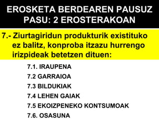 EROSKETA BERDEAREN PAUSUZ
PASU: 2 EROSTERAKOAN
7.- Ziurtagiridun produkturik existituko
ez balitz, konproba itzazu hurrengo
irizpideak betetzen dituen:
7.1. IRAUPENA
7.2 GARRAIOA
7.3 BILDUKIAK
7.4 LEHEN GAIAK
7.5 EKOIZPENEKO KONTSUMOAK
7.6. OSASUNA

 