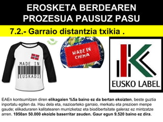 EROSKETA BERDEAREN
PROZESUA PAUSUZ PASU
7.2.- Garraio distantzia txikia .

EAEn kontsumitzen diren elikagaien %5a baino ez da bertan ekoizten, beste guztia
inportatu egiten da. Hau dela eta, nazioarteko garraio, merkatu eta prezioen menpe
gaude; elikaduraren kalitatearen murrizketaz eta biodibertsitate galeraz ez mintzatze
arren. 1950an 50.000 ekoizle baserritar zeuden. Gaur egun 9.520 baino ez dira.

 