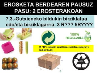 EROSKETA BERDEAREN PAUSUZ
PASU: 2 EROSTERAKOAN
7.3.-Gutxieneko bildukin birziklatua
edo/eta birziklagarria. 3 R??? 5R????

(5 “R”: reducir, reutilizar, reciclar, reparar y
redistribuir.)

 