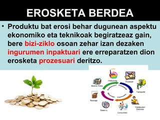 EROSKETA BERDEA
• Produktu bat erosi behar dugunean aspektu
ekonomiko eta teknikoak begiratzeaz gain,
bere bizi-ziklo osoan zehar izan dezaken
ingurumen inpaktuari ere erreparatzen dion
erosketa prozesuari deritzo.

 