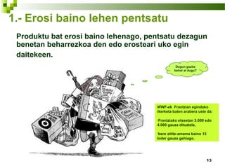 13
1.- Erosi baino lehen pentsatu
Produktu bat erosi baino lehenago, pentsatu dezagun
benetan beharrezkoa den edo erosteari uko egin
daitekeen.
WWF-ek Frantzian egindako
ikerketa baten arabera uste da:
•Frantziako etxeetan 3.000 edo
4.000 gauza dituztela,
•bere aitite-amama baino 15
bider gauza gehiago.
Dugun guztia
behar al dugu?
 