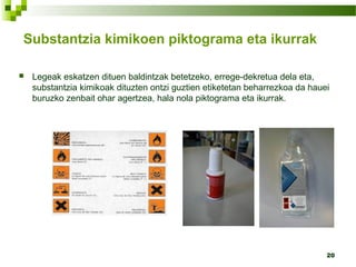 20
Substantzia kimikoen piktograma eta ikurrak
 Legeak eskatzen dituen baldintzak betetzeko, errege-dekretua dela eta,
substantzia kimikoak dituzten ontzi guztien etiketetan beharrezkoa da hauei
buruzko zenbait ohar agertzea, hala nola piktograma eta ikurrak.
 