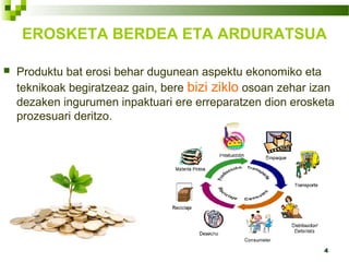 4
EROSKETA BERDEA ETA ARDURATSUA
 Produktu bat erosi behar dugunean aspektu ekonomiko eta
teknikoak begiratzeaz gain, bere bizi ziklo osoan zehar izan
dezaken ingurumen inpaktuari ere erreparatzen dion erosketa
prozesuari deritzo.
 