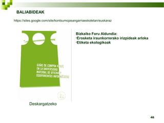 46
Deskargatzeko
BALIABIDEAK
https://sites.google.com/site/kontsumojasangarriaeskoletan/euskaraz
Bizkaiko Foru Aldundia:
•Erosketa iraunkorrerako irizpideak arloka
•Etiketa ekologikoak
 