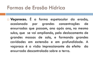Formas de Erosão Hídrica


Voçorocas. É a forma espetacular da erosão,
ocasionada por grandes concentrações de
enxurradas que passam, ano após ano, no mesmo
sulco, que se vai ampliando, pelo deslocamento de
grandes massas de solo, e formando grandes
cavidades em extensão e em profundidade. A
voçoroca é a visão impressionante do efeito da
enxurrada descontrolada sobre a terra.

 