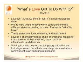 What s Love Got To Do With It?
                                Cont d.
•  Love isn t what we think or feel it s a neurobiological
   state
•  We re hard-wired for love which correlates to three
   different states according to Helen Fischer in Why We
   Love
•  These states are: love, romance, and attachment
•  Love is a chemically based chain of emotional reactions
   that cause us to feel attracted, sexy, romantic,
   affectionate, and desirous
•  Striving to move beyond the temporary attraction and
   lust stage toward the attachment stage demonstrates a
   commitment to an enduring relationship

                 http://www.TheCenterforHealthySex.com
 