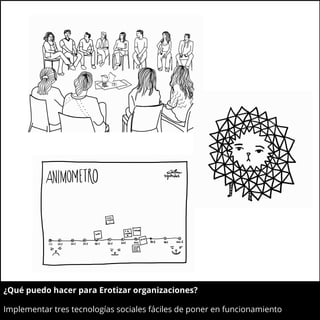¿Qué puedo hacer para Erotizar organizaciones?:?
Implementar tres tecnologías sociales fáciles de poner en funcionamiento
 