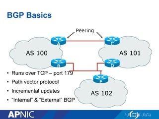 BGP Basics
• Runs over TCP – port 179
• Path vector protocol
• Incremental updates
• “Internal” & “External” BGP
AS 100 AS 101
AS 102
E
B D
A C
Peering
 
