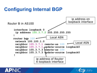 Configuring Internal BGP
Router B in AS100
interface loopback 0
ip address 105.3.7.2 255.255.255.255
!
router bgp 100
network 100.100.1.0
neighbor 105.3.7.1 remote-as 100
neighbor 105.3.7.1 update-source loopback0
neighbor 105.3.7.3 remote-as 100
neighbor 105.3.7.3 update-source loopback0
!
ip address on
loopback interface
ip address of Router
A loopback interface
Local ASN
Local ASN
 