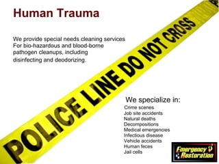 Human Trauma We provide special needs cleaning services  For bio-hazardous and blood-borne  pathogen cleanups, including  disinfecting and deodorizing.  We specialize in:   Crime scenes   Job site accidents   Natural deaths   Decompositions   Medical emergencies     Infectious disease   Vehicle accidents   Human feces   Jail cells 