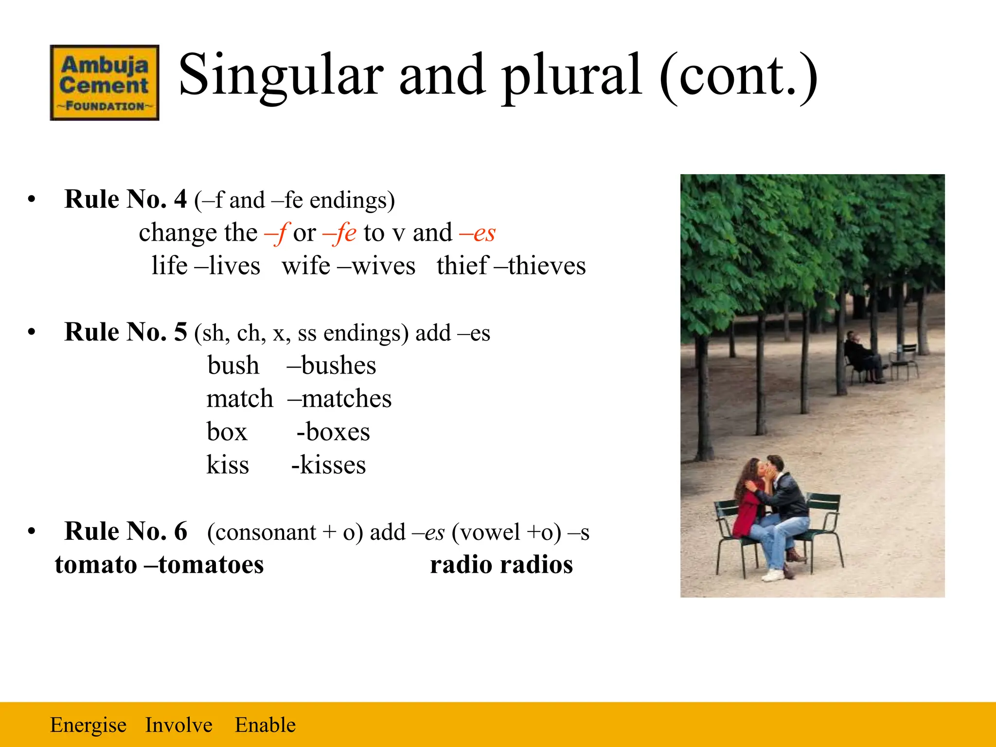 Energise Enable
Involve
Singular and plural (cont.)
• Rule No. 4 (–f and –fe endings)
change the –f or –fe to v and –es
life –lives wife –wives thief –thieves
• Rule No. 5 (sh, ch, x, ss endings) add –es
bush –bushes
match –matches
box -boxes
kiss -kisses
• Rule No. 6 (consonant + o) add –es (vowel +o) –s
tomato –tomatoes radio radios
 