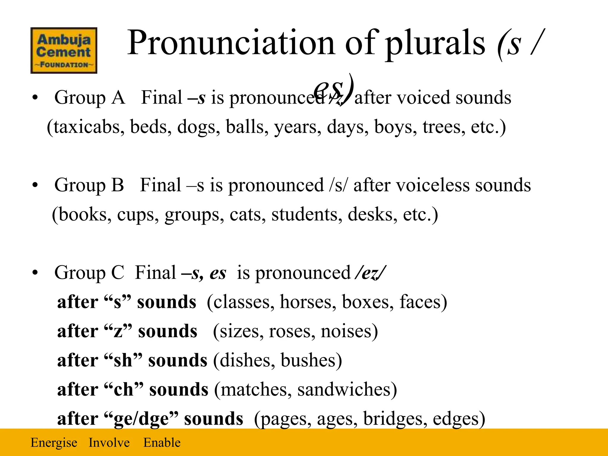 Energise Enable
Involve
Pronunciation of plurals (s /
es)
• Group A Final –s is pronounced /z/ after voiced sounds
(taxicabs, beds, dogs, balls, years, days, boys, trees, etc.)
• Group B Final –s is pronounced /s/ after voiceless sounds
(books, cups, groups, cats, students, desks, etc.)
• Group C Final –s, es is pronounced /ez/
after “s” sounds (classes, horses, boxes, faces)
after “z” sounds (sizes, roses, noises)
after “sh” sounds (dishes, bushes)
after “ch” sounds (matches, sandwiches)
after “ge/dge” sounds (pages, ages, bridges, edges)
 
