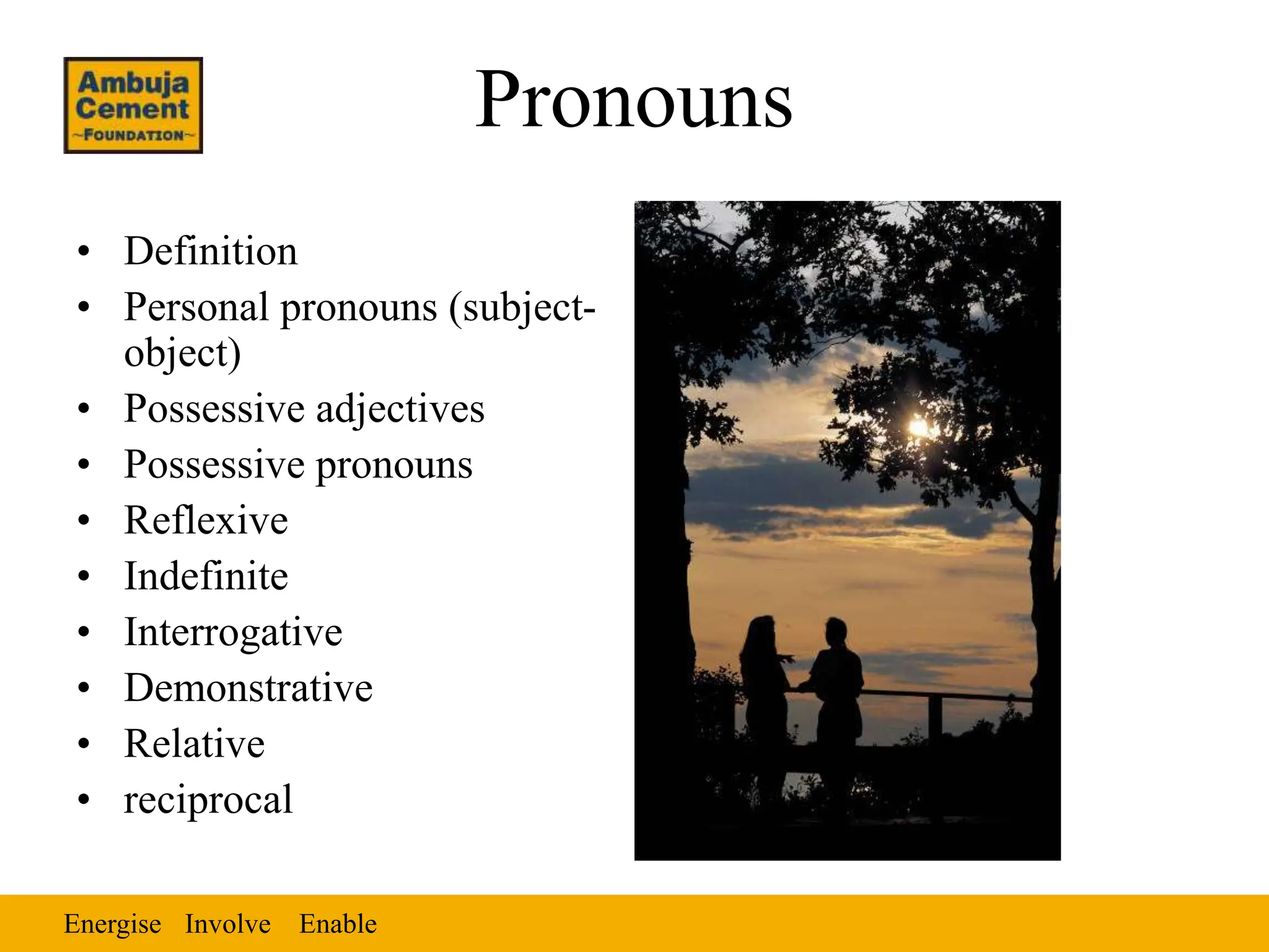 Energise Enable
Involve
Pronouns
• Definition
• Personal pronouns (subject-
object)
• Possessive adjectives
• Possessive pronouns
• Reflexive
• Indefinite
• Interrogative
• Demonstrative
• Relative
• reciprocal
 