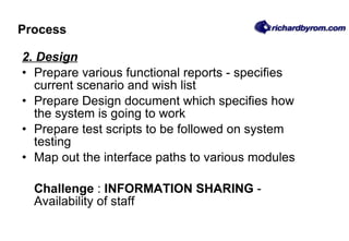 Process 2. Design Prepare various functional reports - specifies current scenario and wish list Prepare Design document which specifies how the system is going to work Prepare test scripts to be followed on system testing  Map out the interface paths to various modules Challenge  :  INFORMATION SHARING  - Availability of staff 