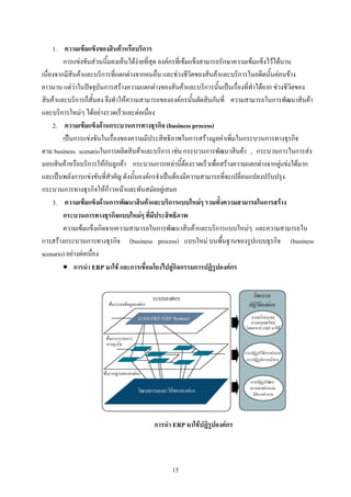 1. ความเขมแข็งของสินคาหรือบริการ
         การแขงขันสวนนี้มองเห็นไดงายที่สุด องคกรที่เขมแข็งสามารถรักษาความเขมแข็งไวไดนาน
เนื่องจากมีสินคาและบริการที่แตกตางจากคนอื่น และชวงชีวิตของสินคาและบริการในอดีตนั้นคอนขาง
ยาวนาน แตวาในปจจุบันการสรางความแตกตางของสินคาและบริการนั้นเปนเรื่องที่ทําไดยาก ชวงชีวิตของ
สินคาและบริการก็สั้นลง จึงทําใหความสามารถขององคกรนั้นตัดสินกันที่ ความสามารถในการพัฒนาสินคา
และบริการใหมๆ ไดอยางรวดเร็วและตอเนื่อง
     2. ความเขมแข็งดานกระบวนการทางธุรกิจ (business process)
         เปนการแขงขันในเรื่องของความมีประสิทธิภาพในการสรางมูลคาเพิ่มในกระบวนการทางธุรกิจ
ตาม business scenarioในการผลิตสินคาและบริการ เชน กระบวนการพัฒนาสินคา , กระบวนการในการสง
มอบสินคาหรือบริการใหกับลูกคา กระบวนการเหลานี้ตองรวดเร็วเพื่อสรางความแตกตางจากคูแขงไดมาก
และเปนพลังการแขงขันที่สําคัญ ดังนั้นองคกรจําเปนตองมีความสามารถที่จะเปลี่ยนแปลงปรับปรุง
กระบวนการทางธุรกิจใหกาวหนาและทันสมัยอยูเสมอ
     3. ความเขมแข็งดานการพัฒนาสินคาและบริการแบบใหมๆ รวมทั้งความสามารถในการสราง
         กระบวนการทางธุรกิจแบบใหมๆ ที่มีประสิทธิภาพ
         ความเขมแข็งเกิดจากความสามารถในการพัฒนาสินคาและบริการแบบใหมๆ และความสามารถใน
การสรางกระบวนการทางธุรกิจ (business process) แบบใหม บนพื้นฐานของรูปแบบธุรกิจ (business
scenario) อยางตอเนื่อง
         • การนํา ERP มาใช และการเชื่อมโยงไปสูกิจกรรมการปฏิรูปองคกร




                                         การนํา ERP มาใชปฏิรูปองคกร



                                               15
 