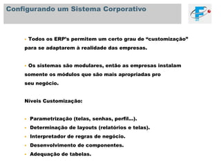 Se a empresa quer implementar sem ter a visão clara de implicações nos negócios, o sonho de integraçãopode se tornar um pesadelo.Certamente os sistemas podem trazer grandes recompensas,mas claro que os riscos existem.Davenport, Thomas. Putting the Enterprise into the Enterprise System. HBR Jul-Aug 1998. Pág. 121; 131.