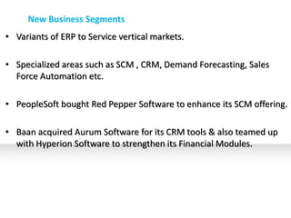 New Business Segments
• Variants of ERP to Service vertical markets.

• Specialized areas such as SCM , CRM, Demand Forecasting, Sales
  Force Automation etc.

• PeopleSoft bought Red Pepper Software to enhance its SCM offering.

• Baan acquired Aurum Software for its CRM tools & also teamed up
  with Hyperion Software to strengthen its Financial Modules.
 