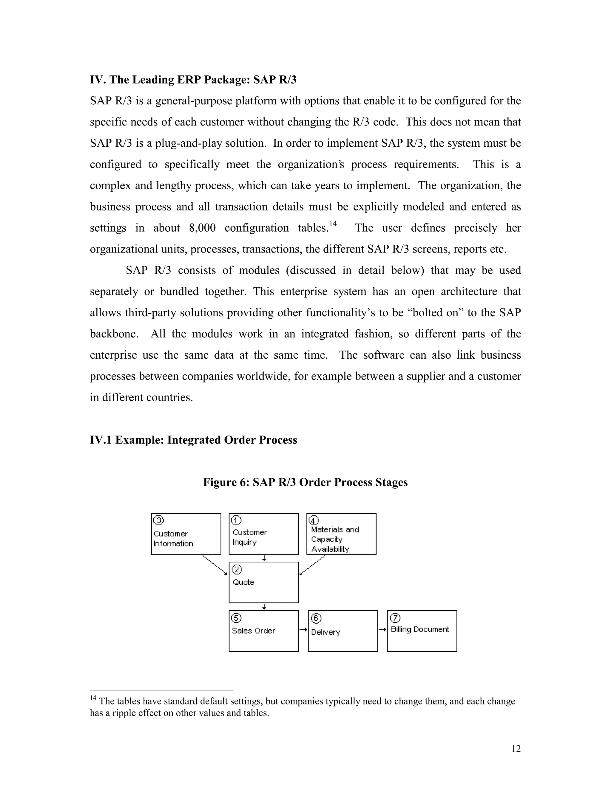 12
IV. The Leading ERP Package: SAP R/3
SAP R/3 is a general-purpose platform with options that enable it to be configured for the
specific needs of each customer without changing the R/3 code. This does not mean that
SAP R/3 is a plug-and-play solution. In order to implement SAP R/3, the system must be
configured to specifically meet the organization’s process requirements. This is a
complex and lengthy process, which can take years to implement. The organization, the
business process and all transaction details must be explicitly modeled and entered as
settings in about 8,000 configuration tables.14
The user defines precisely her
organizational units, processes, transactions, the different SAP R/3 screens, reports etc.
SAP R/3 consists of modules (discussed in detail below) that may be used
separately or bundled together. This enterprise system has an open architecture that
allows third-party solutions providing other functionality’s to be “bolted on” to the SAP
backbone. All the modules work in an integrated fashion, so different parts of the
enterprise use the same data at the same time. The software can also link business
processes between companies worldwide, for example between a supplier and a customer
in different countries.
IV.1 Example: Integrated Order Process
Figure 6: SAP R/3 Order Process Stages
14
The tables have standard default settings, but companies typically need to change them, and each change
has a ripple effect on other values and tables.
 