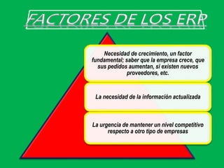 Necesidad de crecimiento, un factor
fundamental; saber que la empresa crece, que
sus pedidos aumentan, si existen nuevos
proveedores, etc.
La necesidad de la información actualizada
La urgencia de mantener un nivel competitivo
respecto a otro tipo de empresas
 