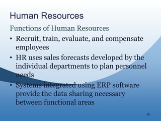 20
Human Resources
Functions of Human Resources
• Recruit, train, evaluate, and compensate
employees
• HR uses sales forecasts developed by the
individual departments to plan personnel
needs
• Systems integrated using ERP software
provide the data sharing necessary
between functional areas
 