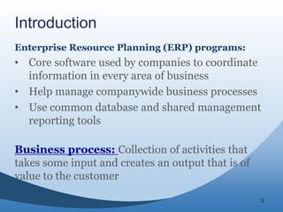 3
Introduction
Enterprise Resource Planning (ERP) programs:
• Core software used by companies to coordinate
information in every area of business
• Help manage companywide business processes
• Use common database and shared management
reporting tools
Business process: Collection of activities that
takes some input and creates an output that is of
value to the customer
 
