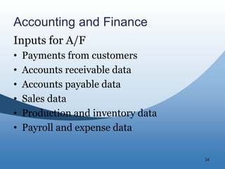34
Accounting and Finance
Inputs for A/F
• Payments from customers
• Accounts receivable data
• Accounts payable data
• Sales data
• Production and inventory data
• Payroll and expense data
 