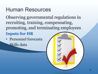 38
Human Resources
Observing governmental regulations in
recruiting, training, compensating,
promoting, and terminating employees
Inputs for HR
• Personnel forecasts
• Skills data
 